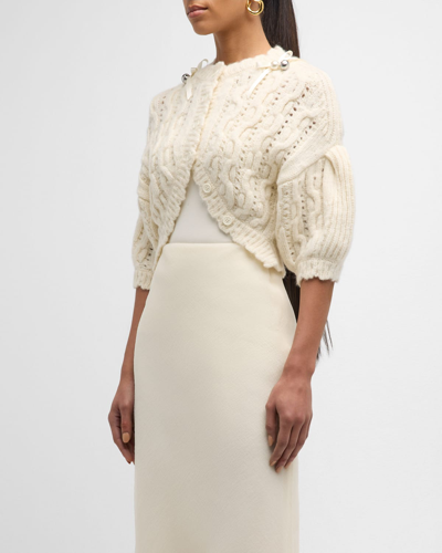Simone Rocha Beaded Bell Charm Lace Stitch Chunky Knit Crop Cardigan In Creampearlsilver