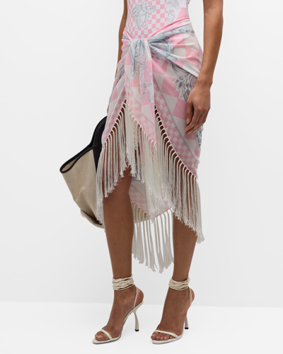 Versace Barocco Damier Print Fringe-trim Pareo Coverup In Pink