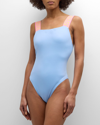 Versace Greca Border One-piece Swimsuit In Pastel Blue