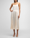 VINCE PLEATED CRUSHED SATIN MIDI SLIP DRESS