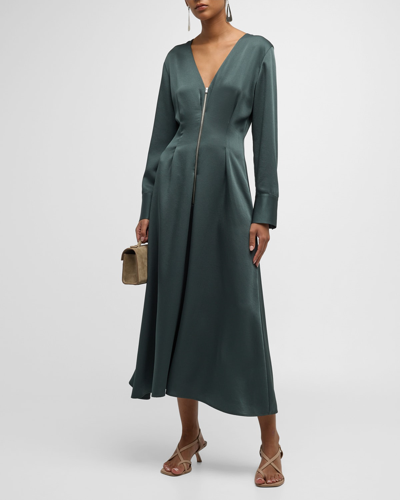 Vince Zip-front Long-sleeve Midi Dress In Night Pine