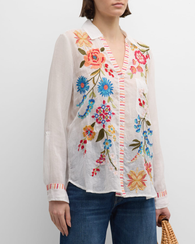 Johnny Was Dionne Floral-embroidered Button-down Shirt In White