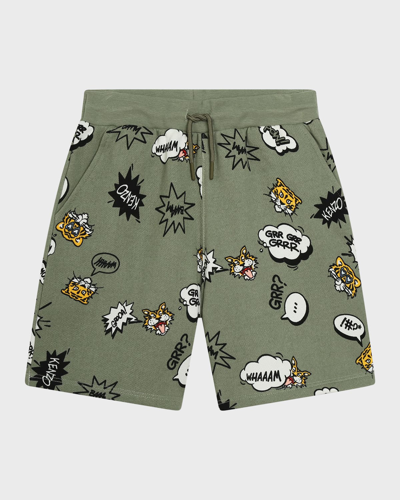 Kenzo Kids' Tiger-print Drawstring Cotton Shorts In Olive