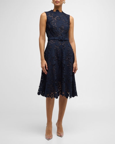 Oscar De La Renta Mixed Botanical Guipure Sleeveless Belted Dress In Navy