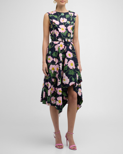 Oscar De La Renta Women's Painted Poppies Sleeveless Fit-&-flare Dress In Pink/navy