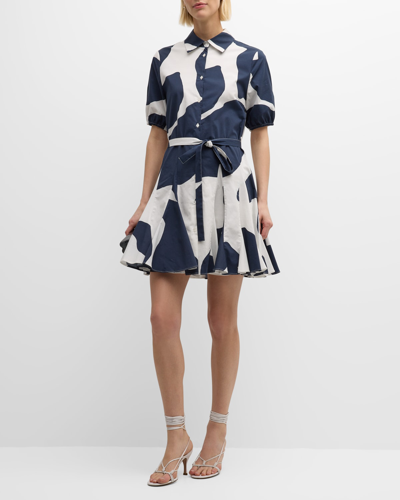 Milly Grand Foliage Godet Poplin Mini Shirtdress In Navy/white