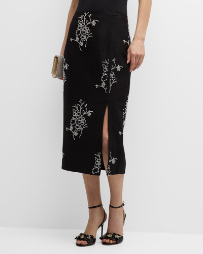 Milly Women's Santanna Floral Beaded Midi-skirt In Black
