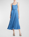 VINCE PLEATED CRUSHED SATIN MIDI SLIP DRESS