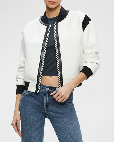 Alice And Olivia Keri Varsity Bomber Jacket In Off Whiteblack