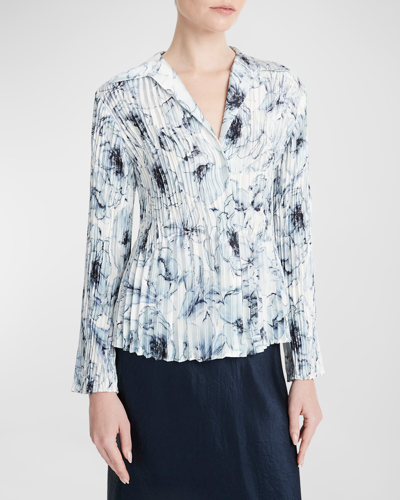 Vince Washed Lily Pleated Long-sleeve Blouse In Pale Azure