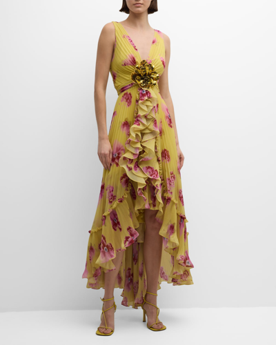 Ungaro High-low Pleated Floral-print Chiffon Gown In Ginger Mul