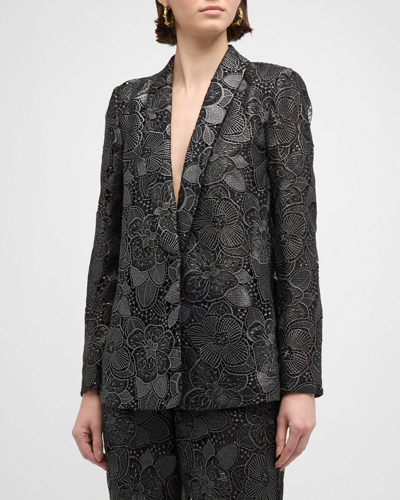 Ungaro Shawl-collar Metallic Floral Lace Jacket In Blacksilver