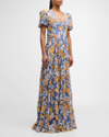 JOVANI PUFF-SLEEVE FLORAL SEQUIN GOWN