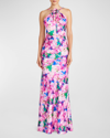 ML MONIQUE LHUILLIER VIOLETTE CUTOUT FLORAL-PRINT SATIN HALTER GOWN