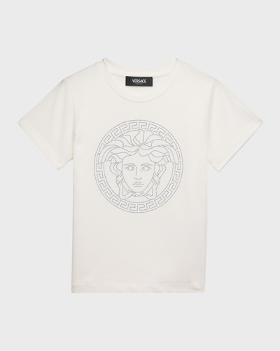 Versace Kids' Girl's Medusa & Greca Trim Graphic T-shirt In White Crystal