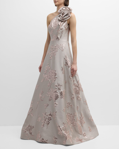 Rickie Freeman For Teri Jon One-shoulder Metallic Floral Jacquard Gown In Blush
