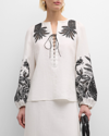 Dorothee Schumacher Pineapple Embroidery Lace-up Linen Blouse In Camellia White