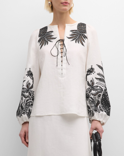 Dorothee Schumacher Pineapple Embroidery Lace-up Linen Blouse In Blanc
