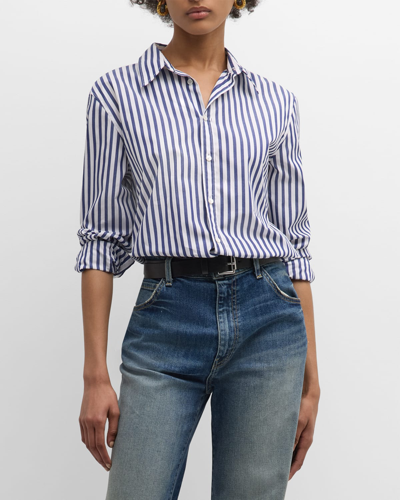 Nili Lotan Raphael Striped Collared Shirt In Large Dark Navywh