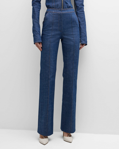 Laquan Smith High-rise Pintuck Straight-leg Denim Trousers In Dark Blue