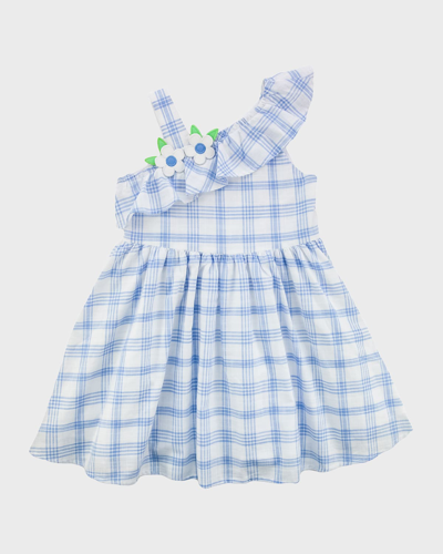Florence Eiseman Kids' Girl's Plaid One-shoulder Flower Dress In White/blue