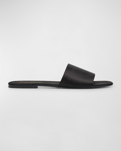 Saint Laurent Men's Carlyle Slide Sandals In Satin Crepe In Nero