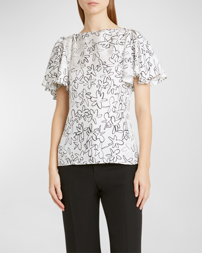 Chloé Doodle Floral Flutter-sleeve Silk Top In Black And White