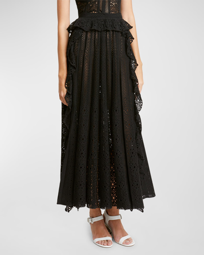 Chloé A-line Broderie Anglaise Knit Skirt With Cascading Ruffles In Black