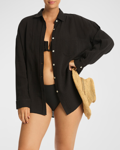 Sea Level Swim Sunset Beach Shirt In Black