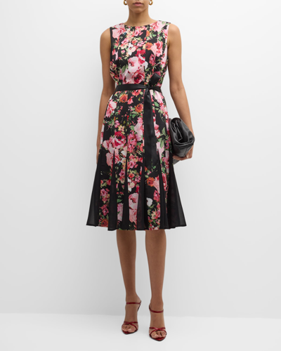 Rickie Freeman For Teri Jon Sleeveless Floral-print Godet Midi Dress In Black Mult
