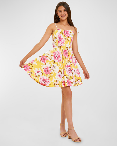 Un Deux Trois Kids' Girl's Fit And Flare Textured Dress In Yellow/pink Floral