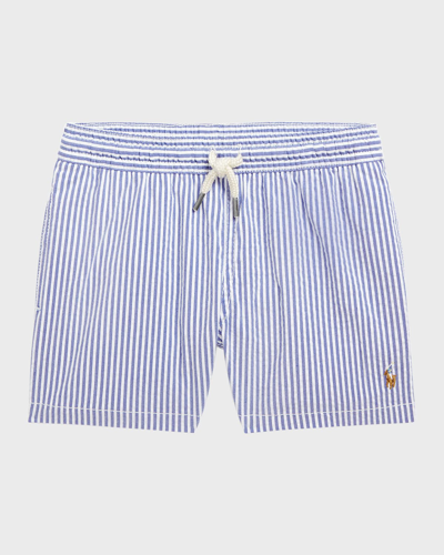 Ralph Lauren Kids' Boy's Seersucker Swim Trunks In Cruise Royal Seer