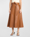 Tanya Taylor Hudson Faux Leather Belted Tiered Seam Midi Skirt In Saddle Brown