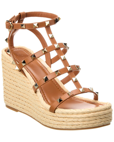 Valentino Garavani Rockstud Espadrille Wedge Sandal In Natural Almond