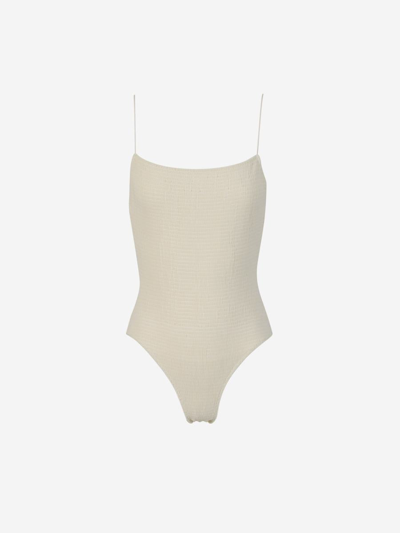 Totême Off-white Smocked One-piece Swimsuit In Tofu