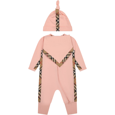 Burberry House Check Baby Grow Gift Set In Pale Peach