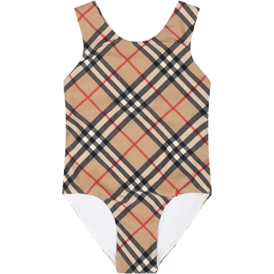 Burberry Kids' Beige Swimsuit For Baby Girl With Iconic Check In Archive Beige Ip Check