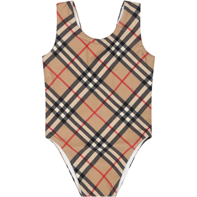 Burberry Kids' Beige Swimsuit For Baby Girl With Iconic Check