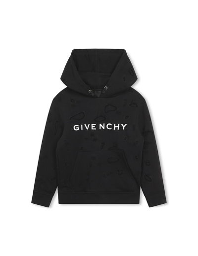 Givenchy Kids Logo Printed Distressed Hoodie In Nero