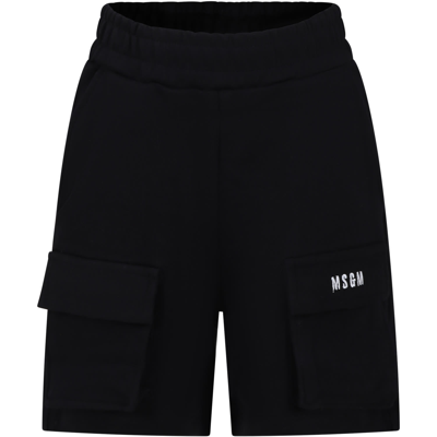Msgm Kids' Black Shorts For Boy With Logo In Nero