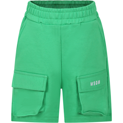 Msgm Kids' Green Shorts For Boy With Logo In Verde