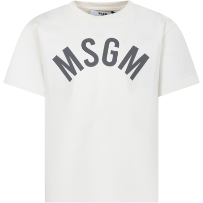 Msgm Kids' Ivory T-shirt For Boy With Logo In Crema