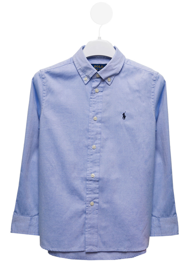 Ralph Lauren Light Blue Cotton Poplin Shirt With Logo Kids Boy In Clear Blue