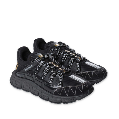 Versace Kids' Leather Lace-up Sneakers In Nero/oro