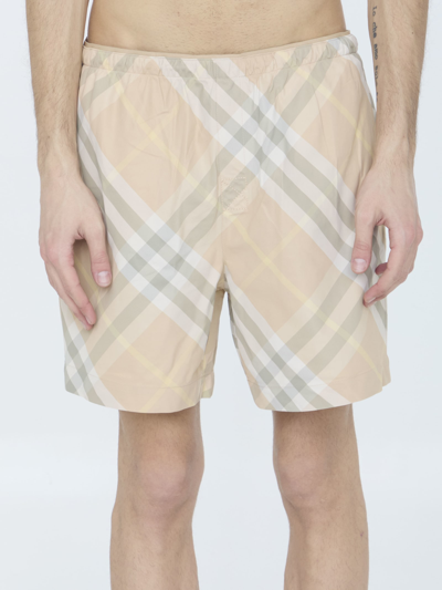 Burberry Check Print Swim Shorts In Flaxipcheck