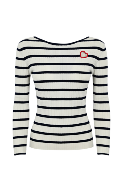 Twinset Heart Embroidery Striped Boat-neck Sweater In White