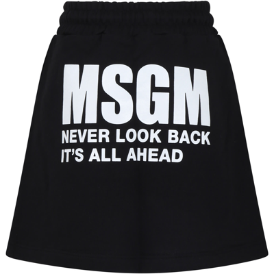 Msgm Kids' Black Skirt For Girl With Logo And Writing In Nero