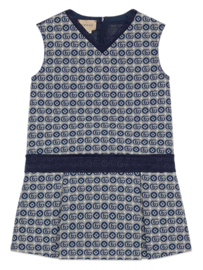 Gucci Kids' Double G Jacquard Pleated Dress In Blue