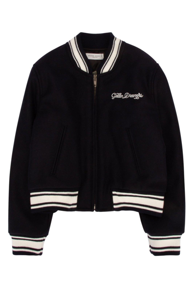 Golden Goose Kids' Logo-embroidered Zipped Varsity Jacket In Blue