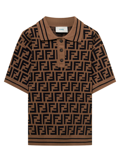 Fendi Kids' Knit Ff Monogram Polo In Marrone